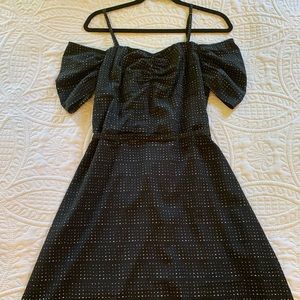 Off the shoulder mid knee dress.